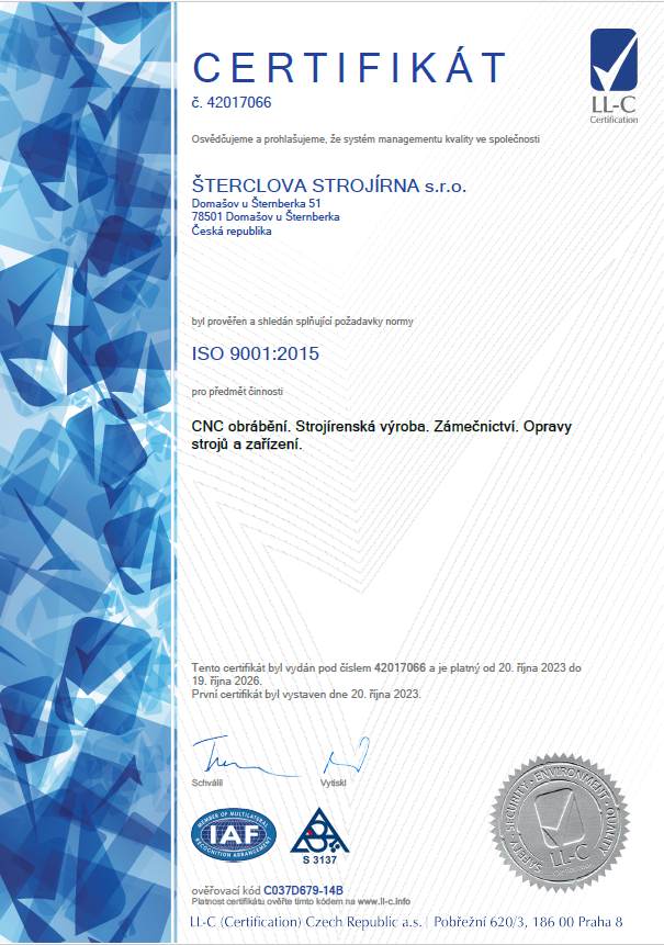 Certifikát ČSN EN ISO 9001:2015