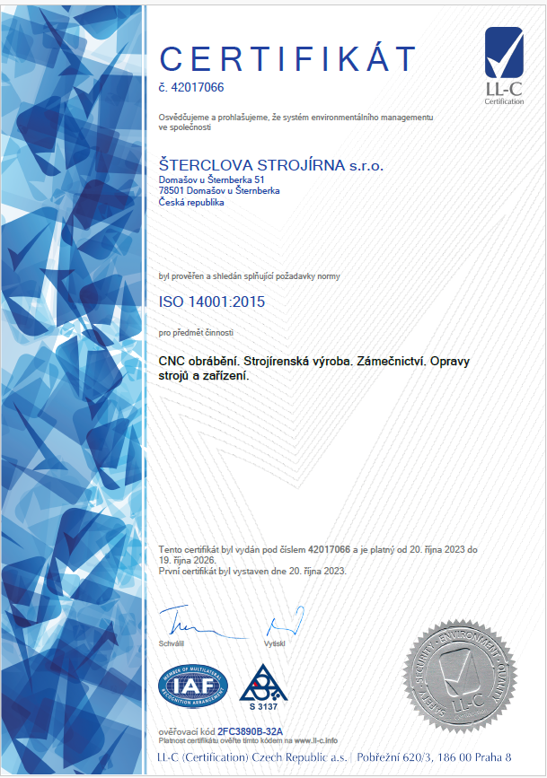 Certifikát ČSN EN ISO 14001:2015